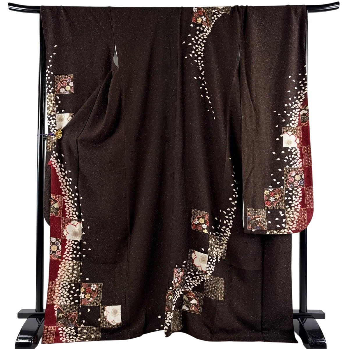 振袖 身丈169cm 裄丈70.5cm L 袷 梅 桜 銀通し 金彩 焦茶色 正絹 名品 【中古】