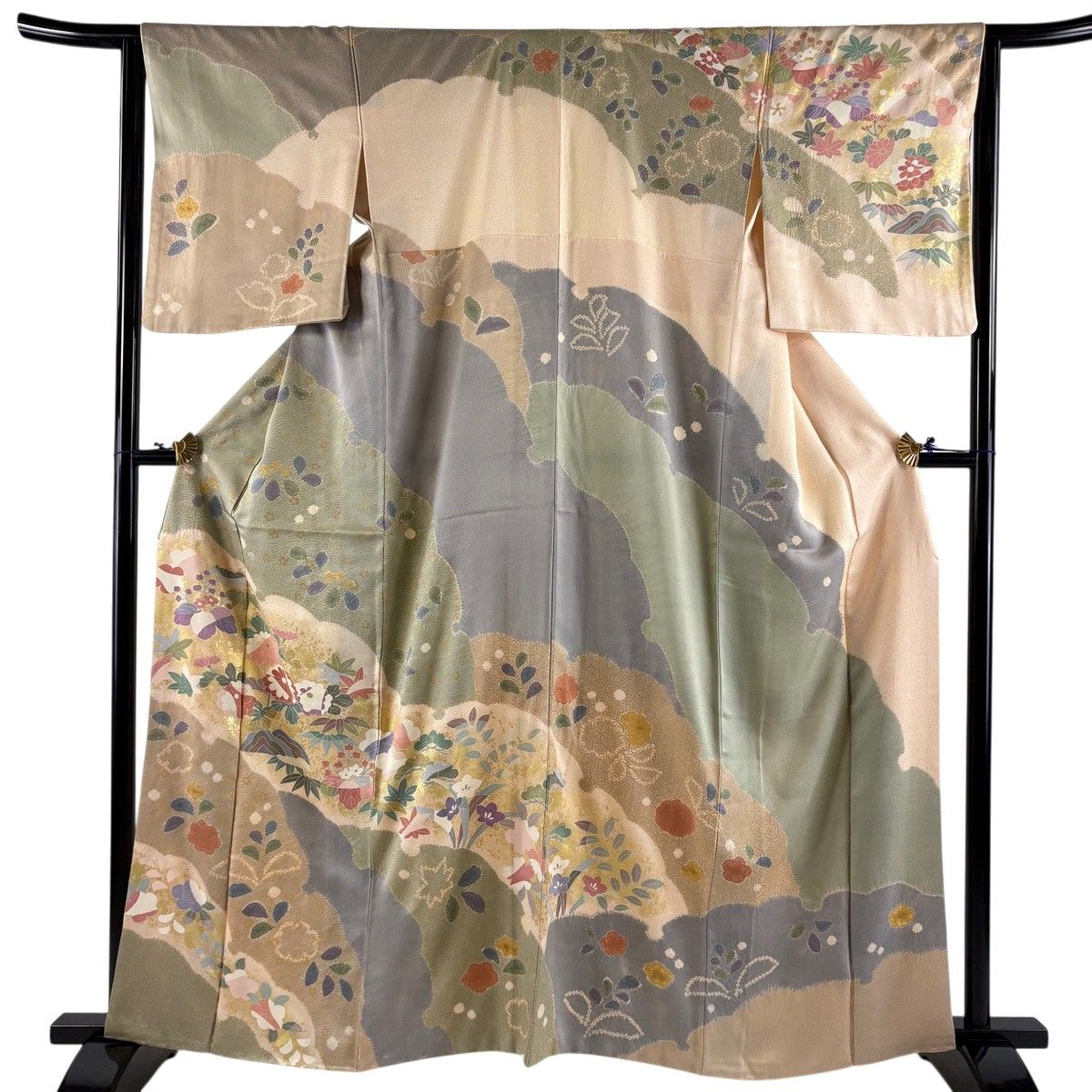 訪問着 身丈162cm 裄丈64.5cm M 袷 雪輪 草花 金彩 絞り 薄茶色 正絹 名品 【中古】 12,994円