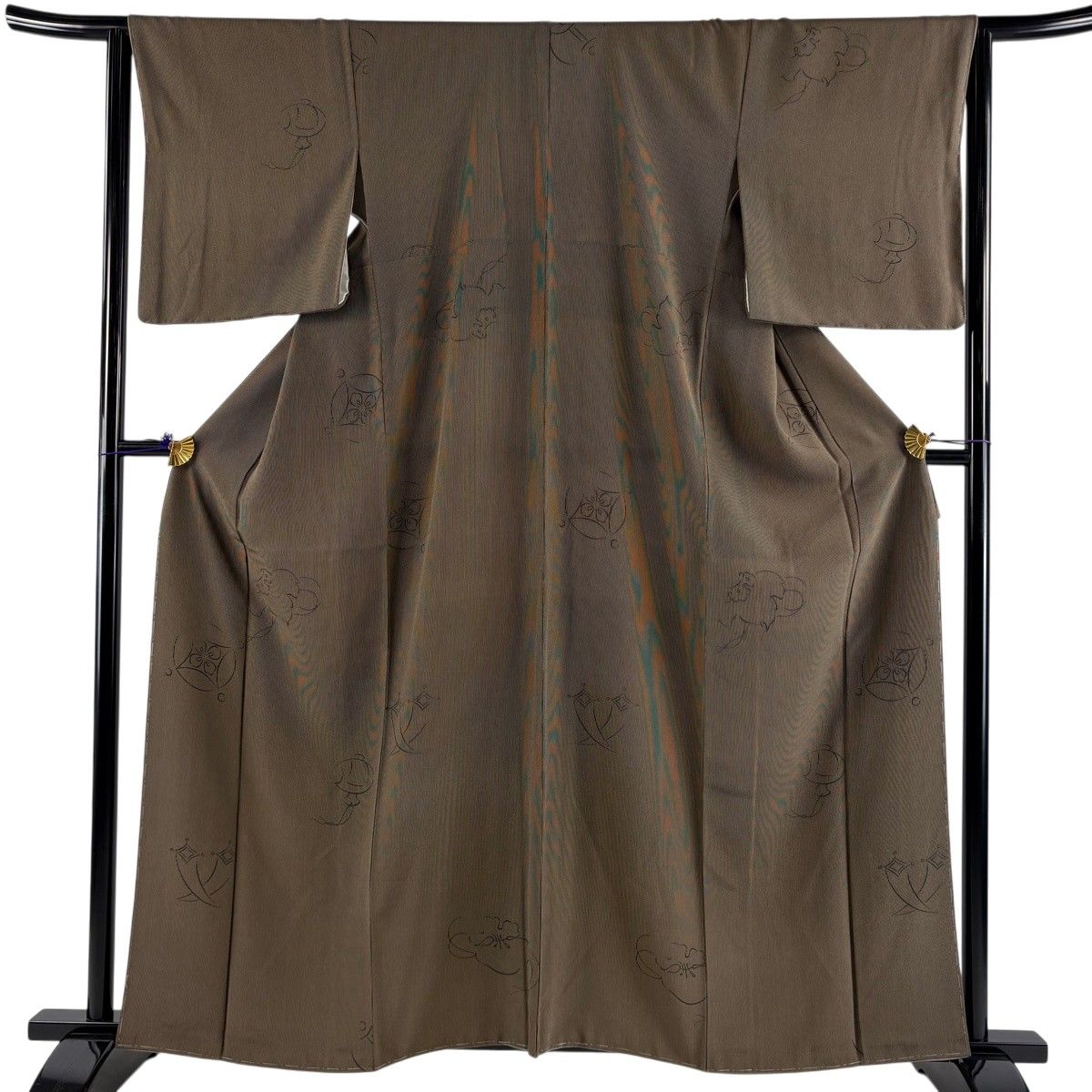 【美品】 小紋 身丈161cm 裄丈64cm M 袷 万筋 宝尽くし 茶色 正絹 名品 【中古】