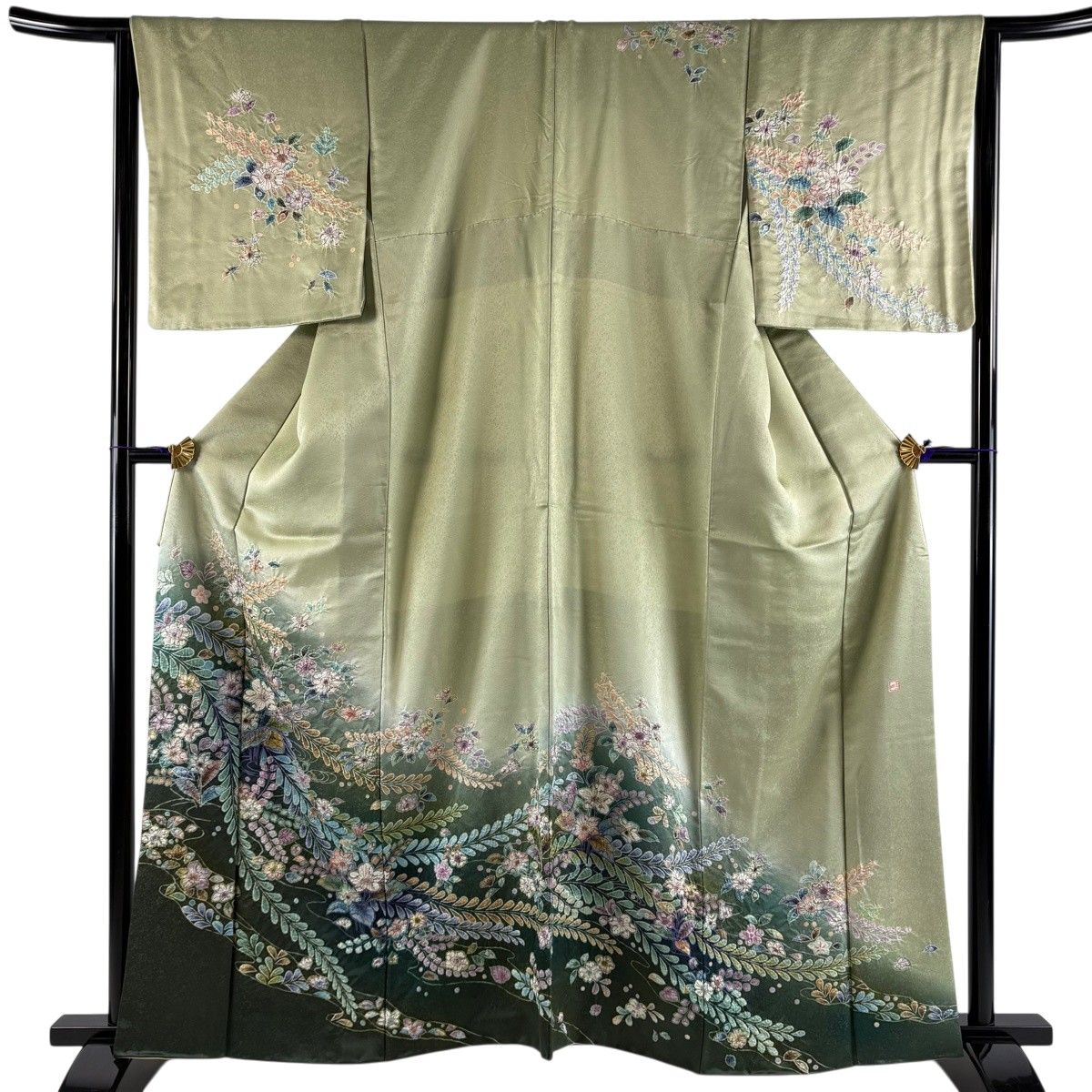 訪問着 身丈160.5cm 裄丈65cm M 袷 落款 辻が花 草花 銀通し 染分け 薄緑 正絹 名品 【中古】