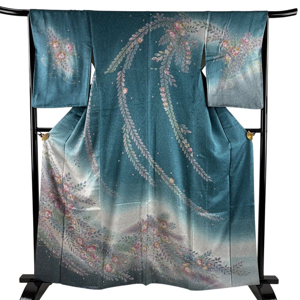 訪問着 身丈163cm 裄丈65.5cm M 袷 辻が花 流水 金彩 ぼかし 青緑 正絹 名品 【中古】