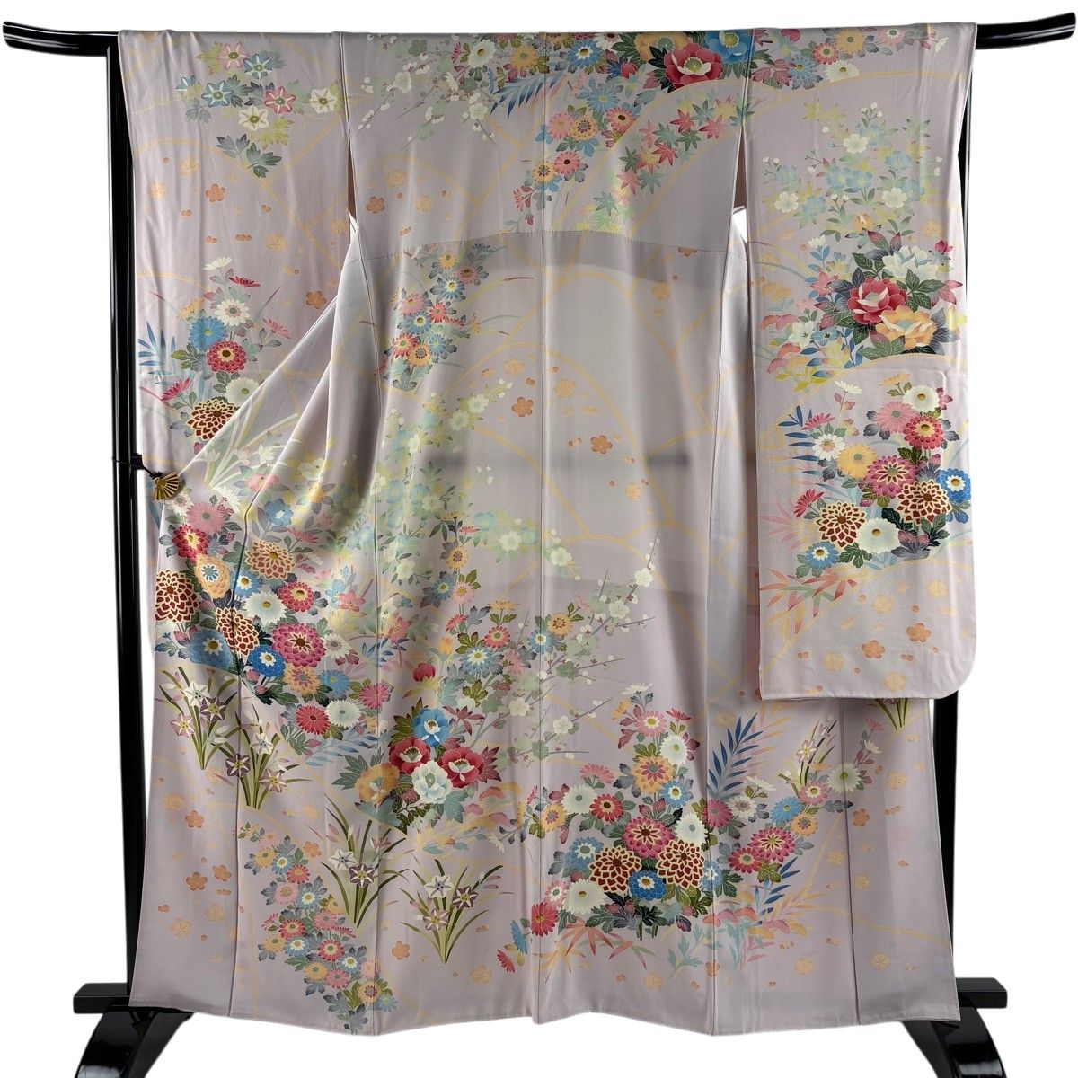 振袖 身丈162.5cm 裄丈66cm M 袷 落款 草花 菊 薄紫 正絹 名品 一つ紋 【中古】