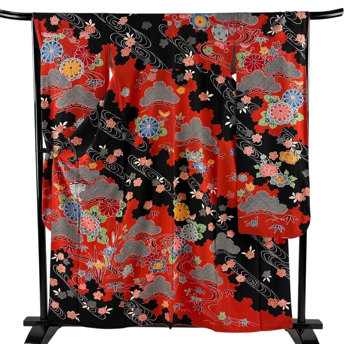 振袖 身丈160.5cm 裄丈66.5cm M 袷 菊 流水 ぼかし 朱色 正絹 名品