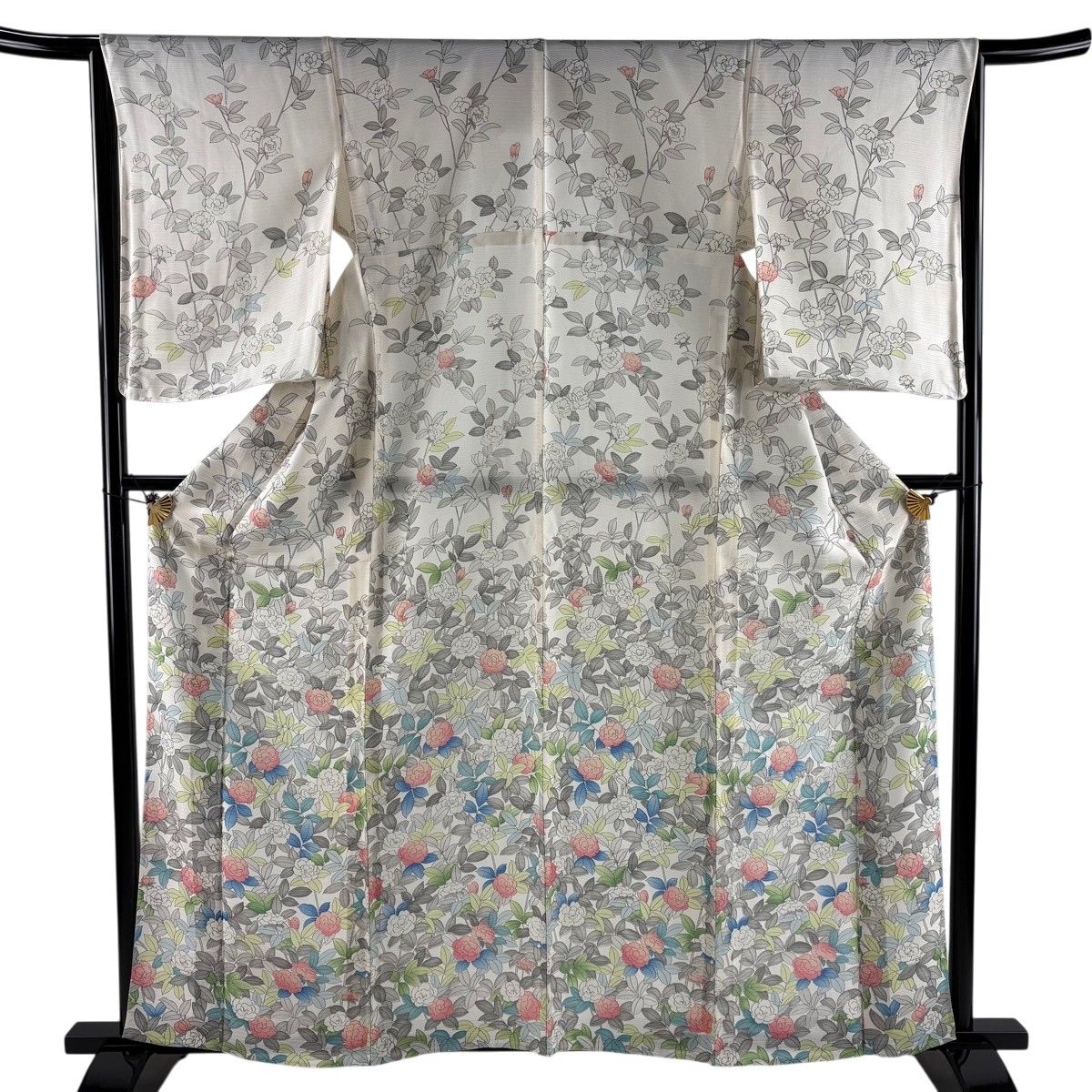 付下げ 身丈160.5cm 裄丈65.5cm M 薄物 絽 枝花 クリーム 正絹 名品 【中古】