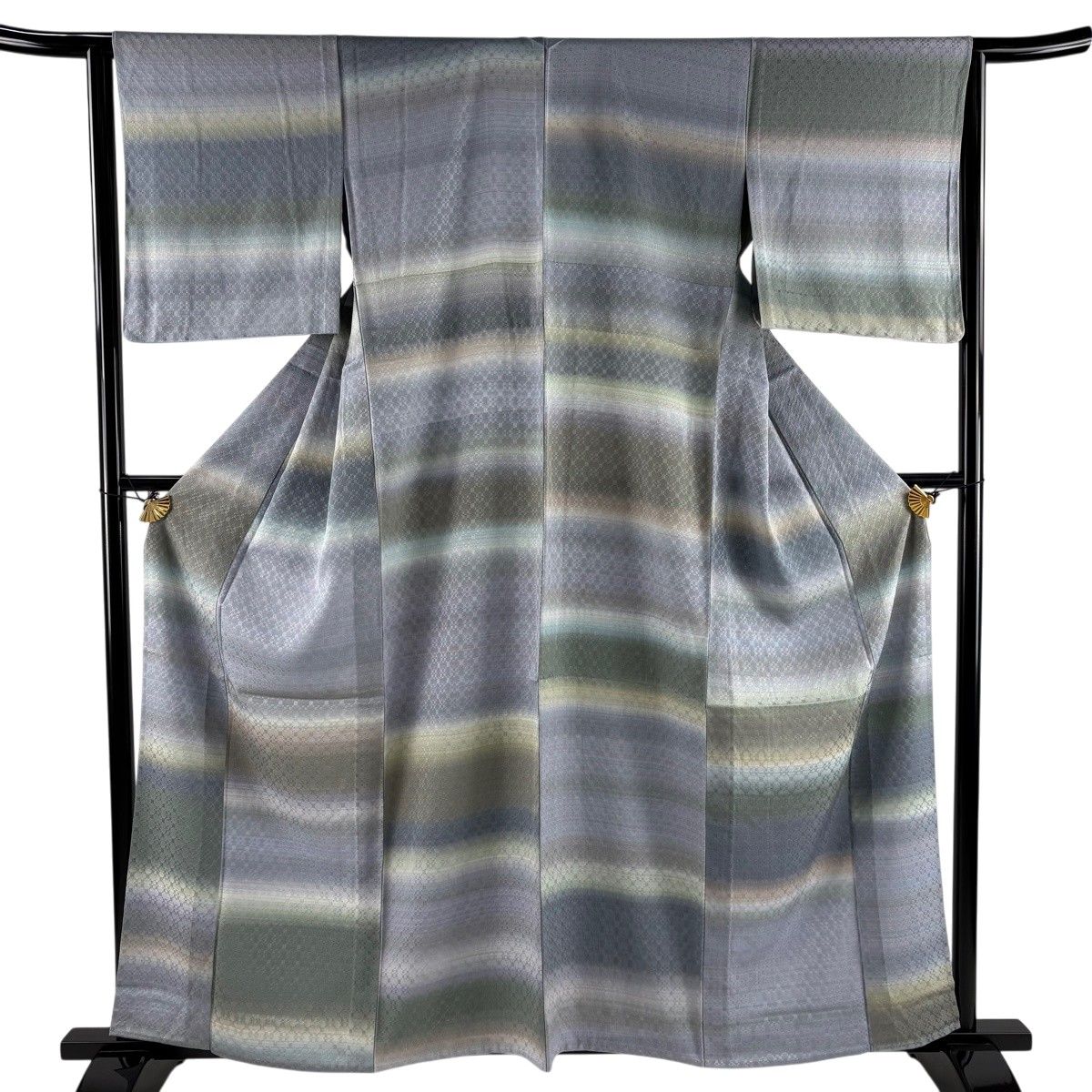 【美品】 小紋 身丈160.5cm 裄丈64cm M 単衣 幾何学模様 段縞 ぼかし 青灰色 正絹 名品 【中古】