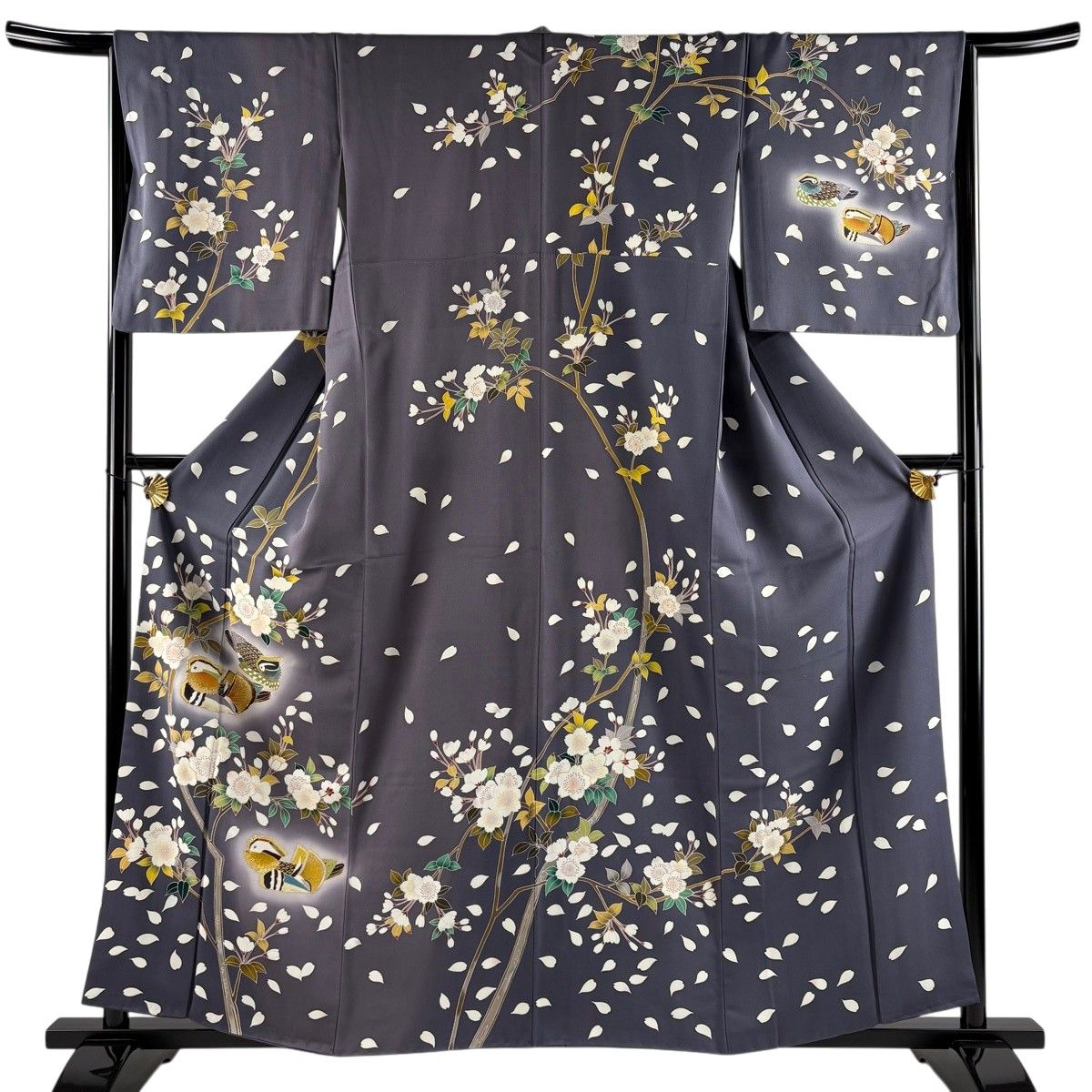 訪問着 身丈157.5cm 裄丈65cm M 袷 やまと 鴛鴦 桜 金糸 金彩 灰紫 正絹 名品 【中古】