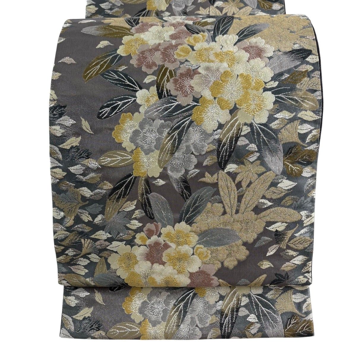 袋帯 名品 桜 葉 銀糸 灰色 六通 正絹 【中古】