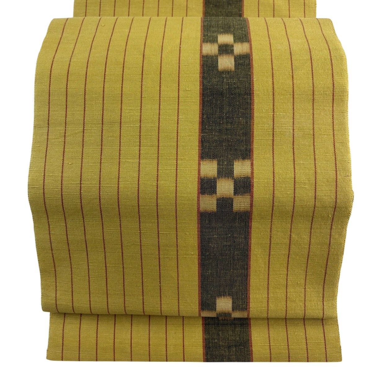 名古屋帯 名品 八寸名古屋帯 松葉仕立て 縞｀ 花 からし色 綿 【中古】