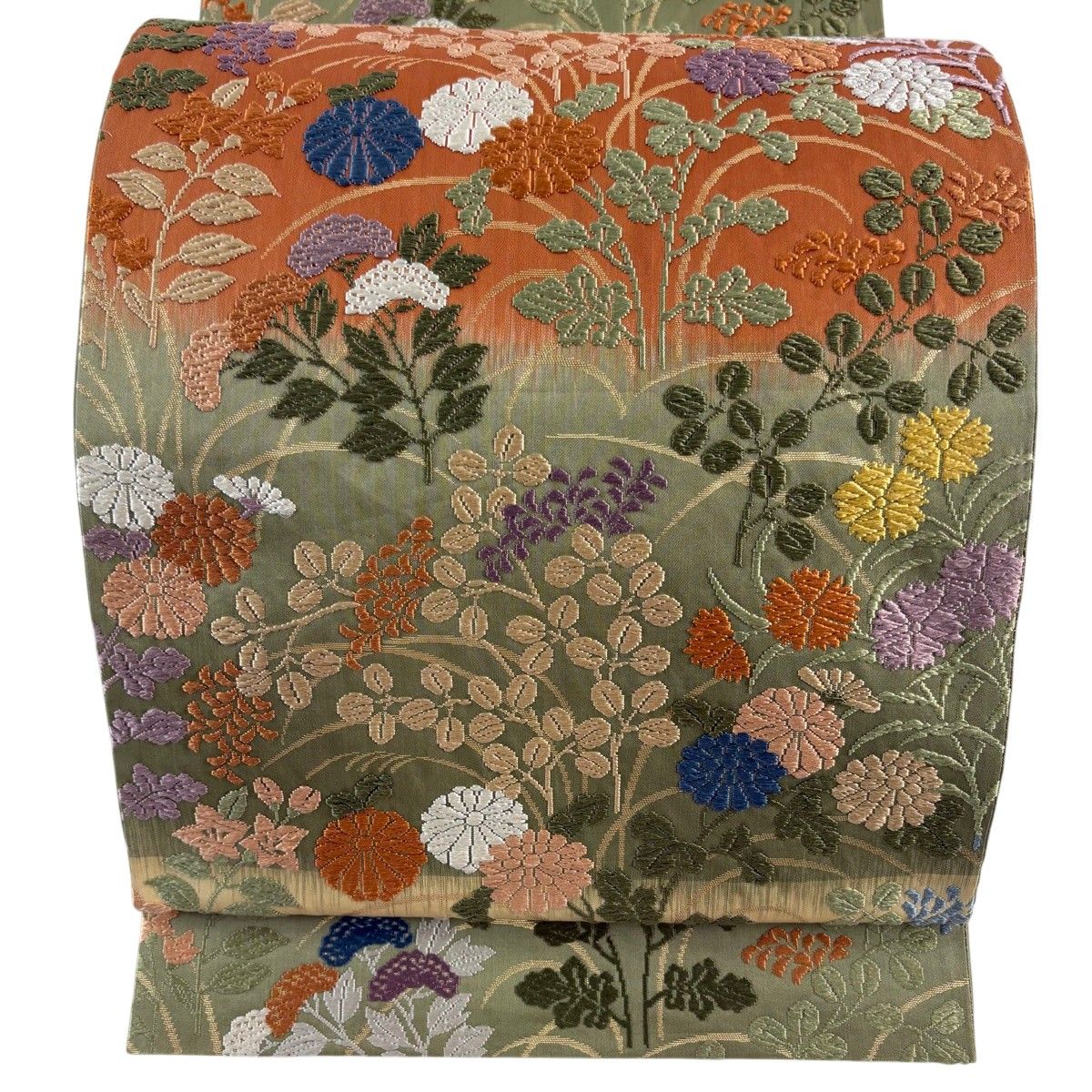 袋帯 名品 秋草 芝 唐織 箔 よもぎ色 六通 正絹 【中古】 9,660円