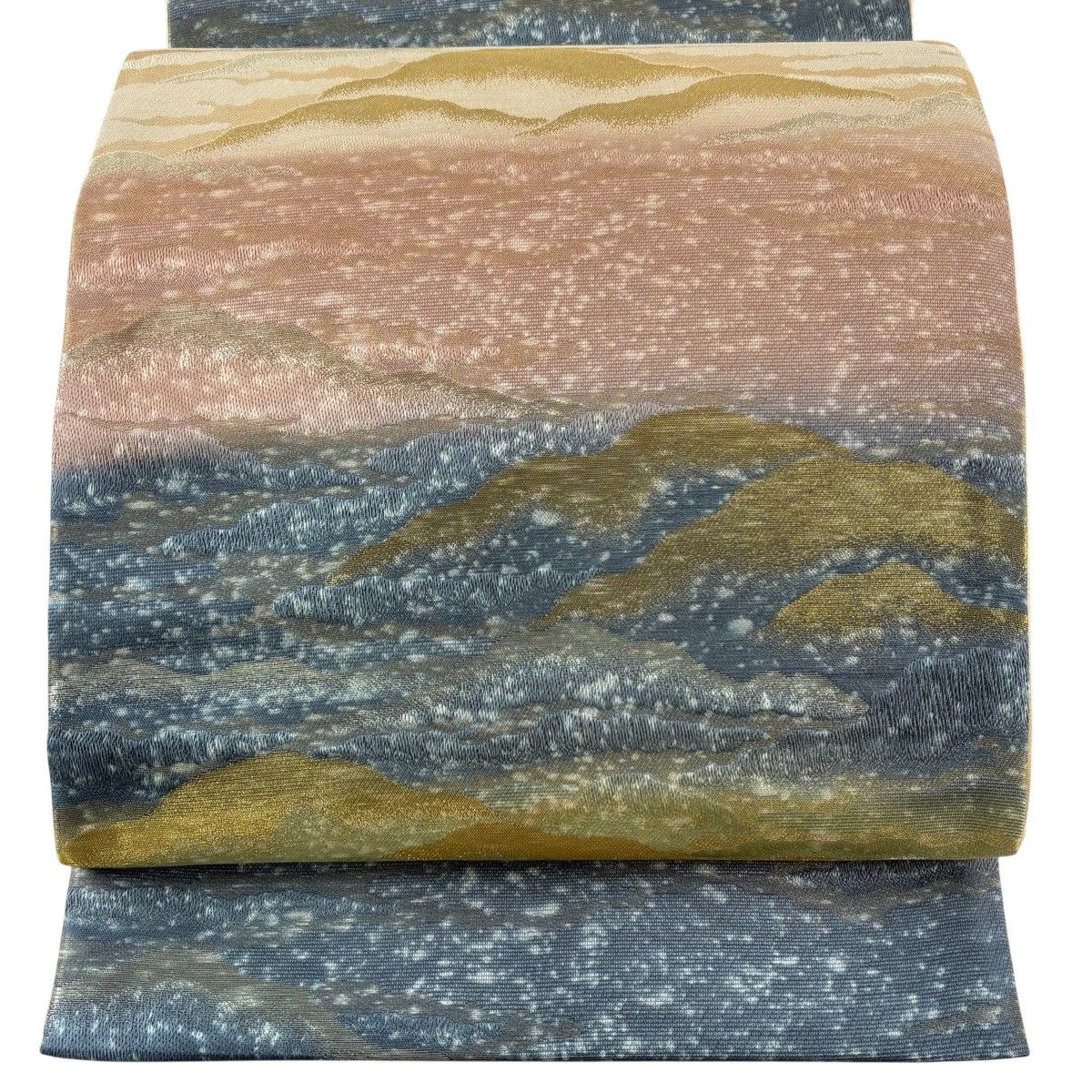 【美品】 袋帯 名品 山並み 霞 金糸 青灰色 全通 正絹 【中古】