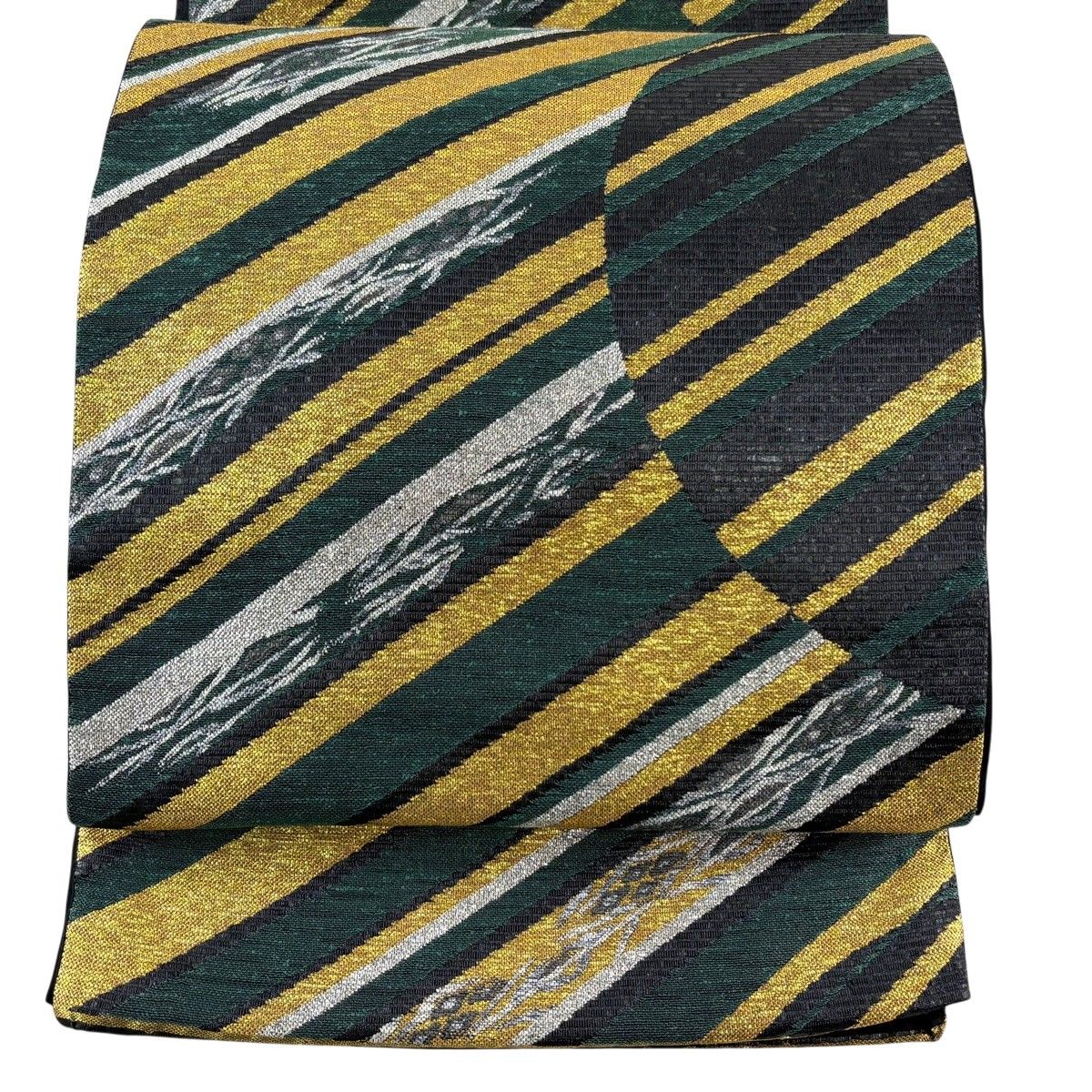 袋帯 名品 落款 斜縞 幾何学 箔 緑 六通 正絹 【中古】