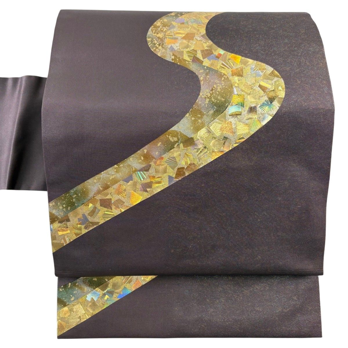 【美品】 名古屋帯 名品 堀省平 落款 流水 箔散らし 箔 金彩 灰紫 正絹 【中古】