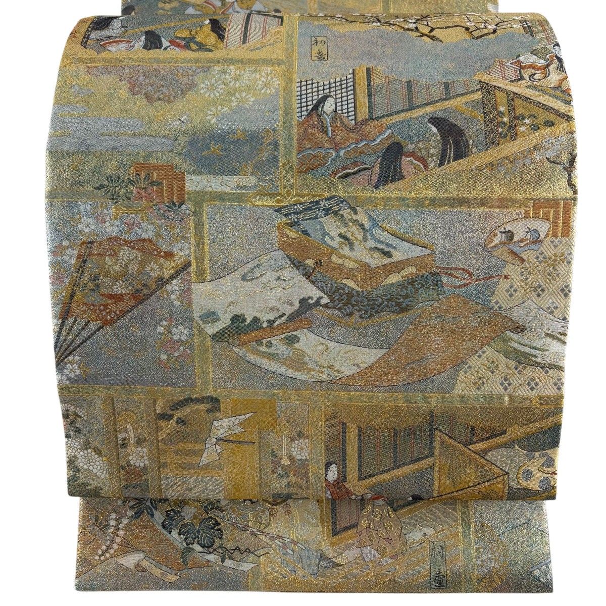 【美品】 丸帯 名品 落款 徳川美術館秘蔵 御所風景 人物 箔 金糸 金色 全通 正絹 【中古】