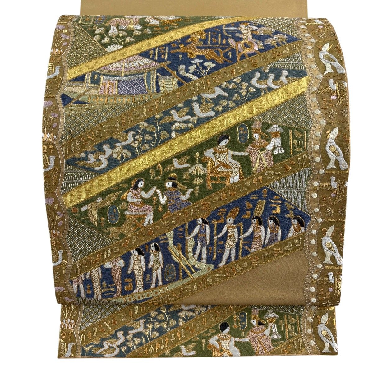【美品】 袋帯 名品 本金箔 コプト柄 金銀糸 刺繍 金色 お太鼓柄 正絹 【中古】