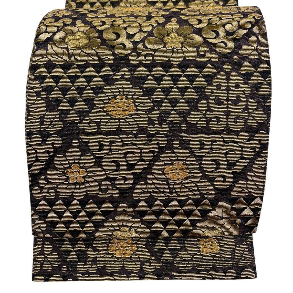 【美品】 袋帯 名品 鱗 草花 金糸 輪奈織 紫 六通 正絹 【中古】