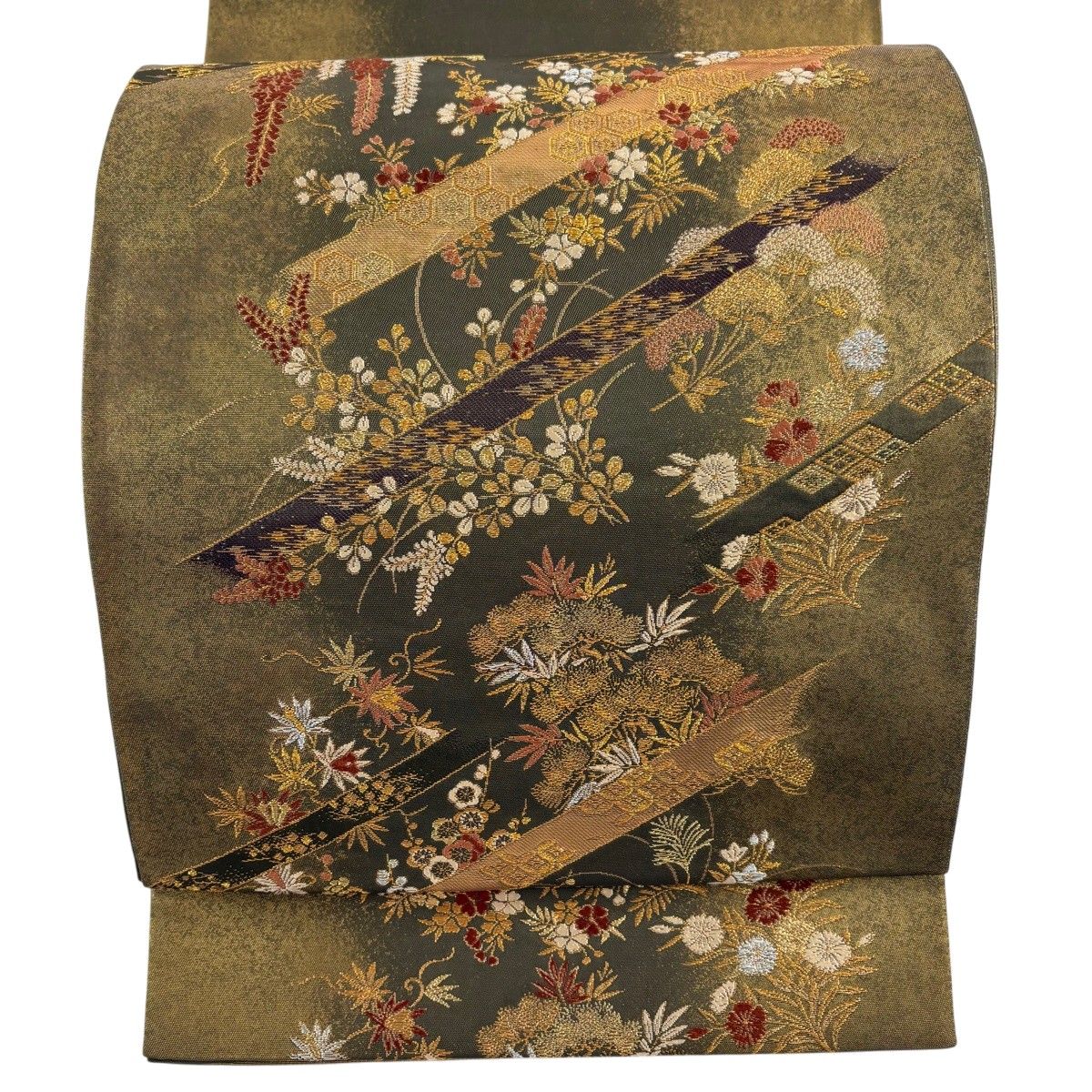 【美品】 袋帯 名品 加納幸 落款 草花 亀甲 金彩 箔 灰緑 正絹 【中古】