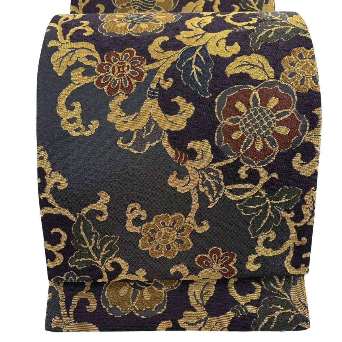 【美品】 袋帯 名品 草花吉祥文様 花唐草 濃紫 六通 正絹 【中古】