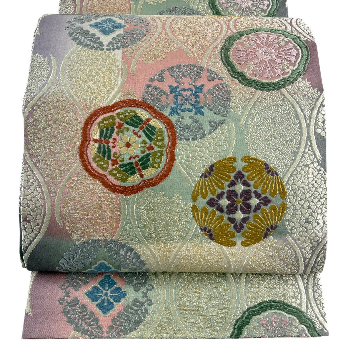 【美品】 袋帯 名品 蝶 立涌 唐織 クリーム 全通 正絹 【中古】