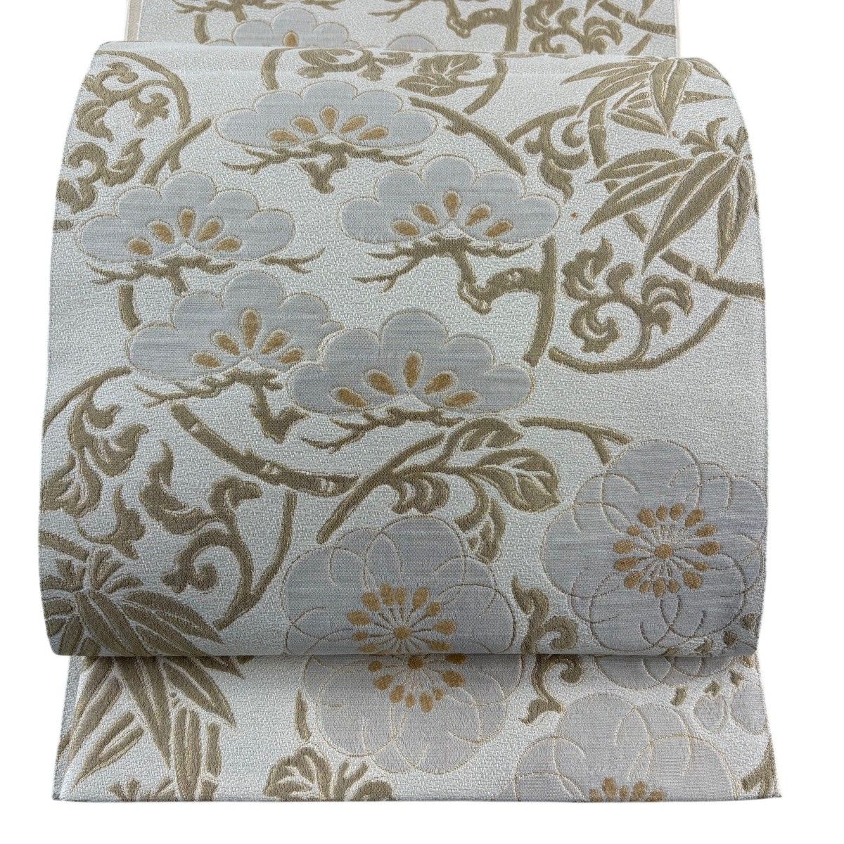【美品】 袋帯 名品 松竹梅 花丸文 金糸 箔 クリーム 六通 正絹 【中古】