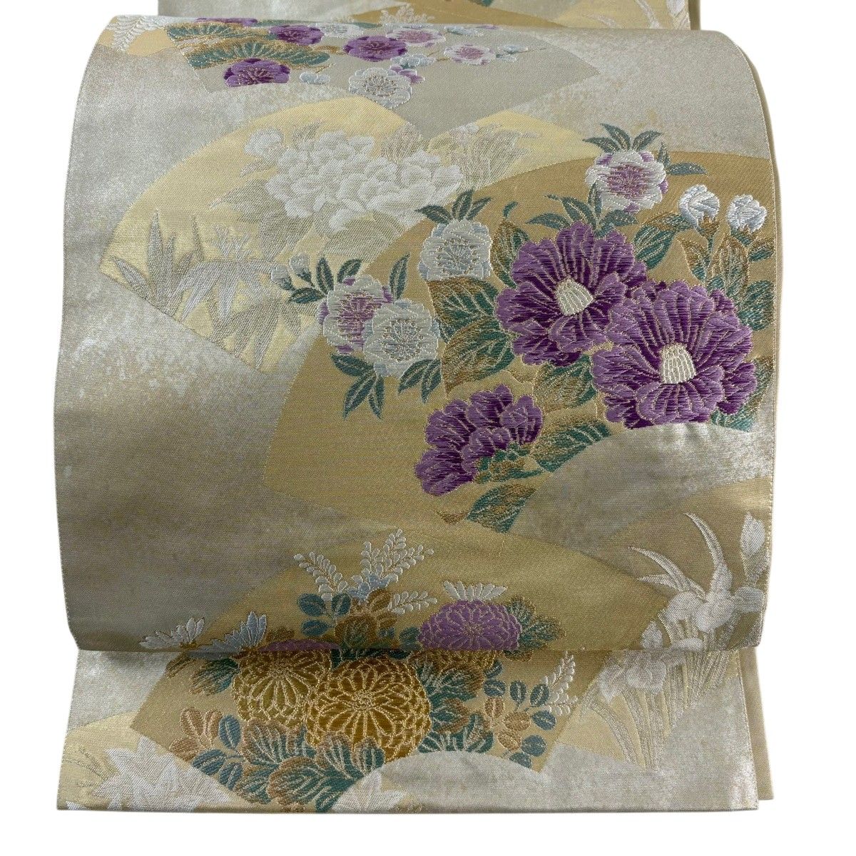 袋帯 名品 じゅらく 落款 帝王紫 扇面 草花 金糸 唐織 金色 お太鼓柄 正絹 【中古】