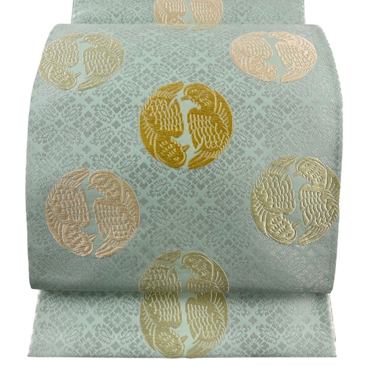 【美品】 袋帯 名品 鳥丸文 地紋 唐織 薄緑 六通 正絹 【中古】 11,534円