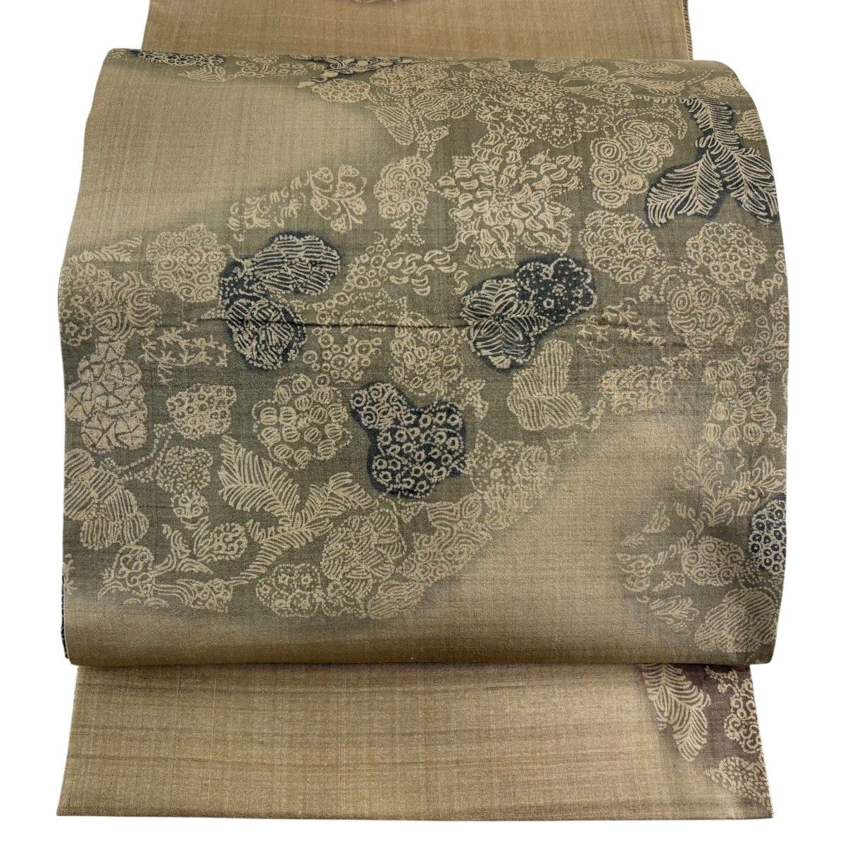 袋帯 名品 紬地 草花 ぼかし 薄茶色 お太鼓柄 正絹 【中古】