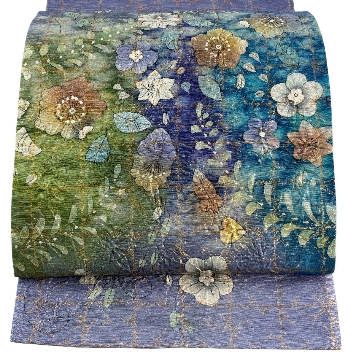 【美品】 袋帯 名品 辻が花柄 格子 箔 絞り 青紫 お太鼓柄 正絹 【中古】