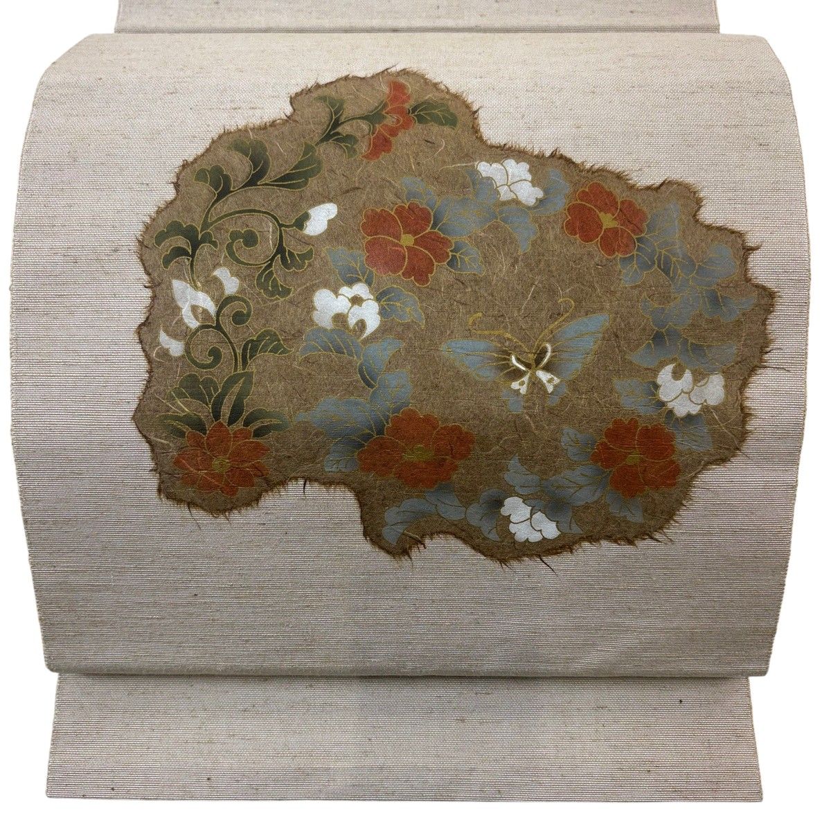 【美品】 名古屋帯 秀品 紬地 八寸名古屋帯 蝶 草花 金彩 薄茶色 正絹 【中古】