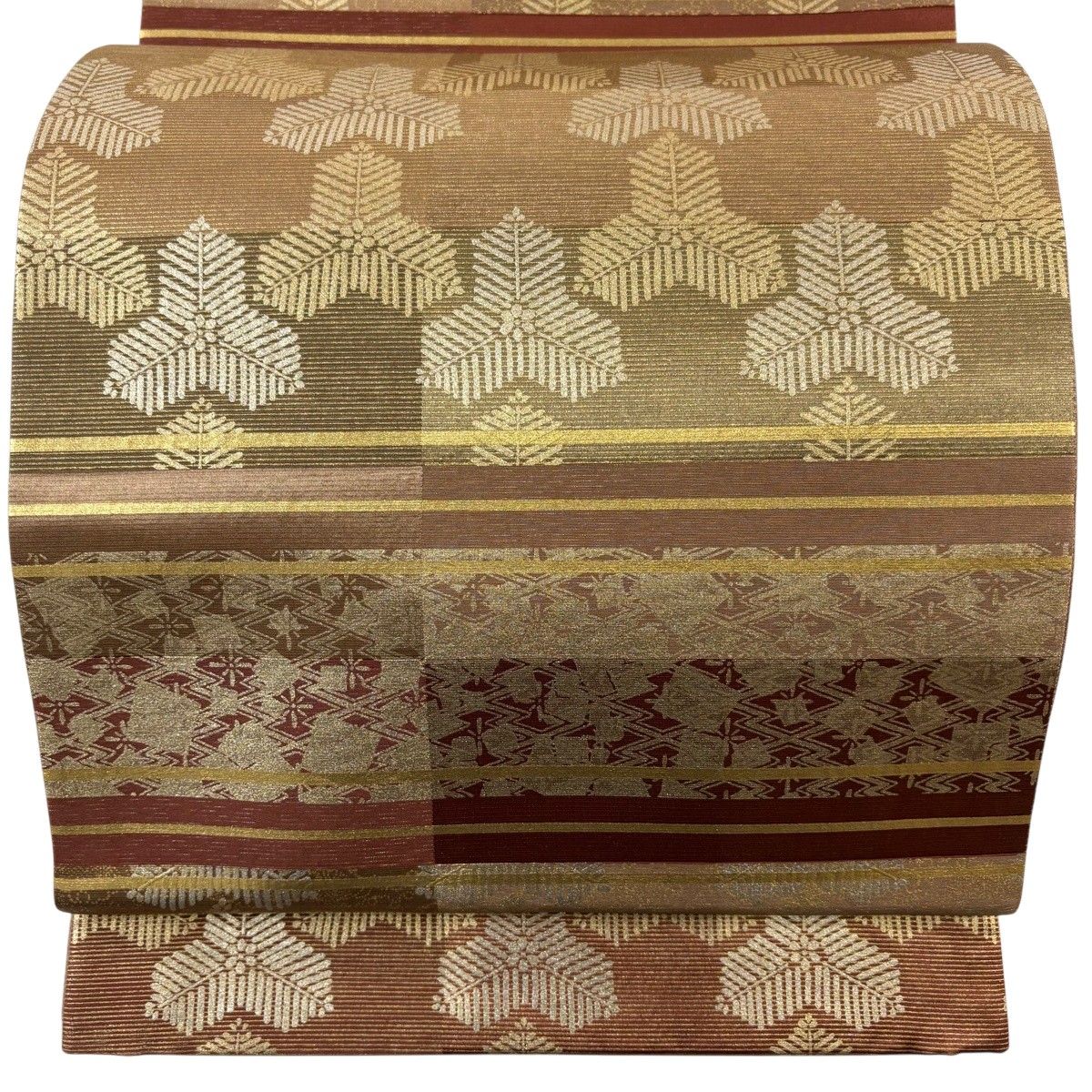 【美品】 袋帯 秀品 毘沙門亀甲 縞 金彩 茶色 六通 正絹 【中古】