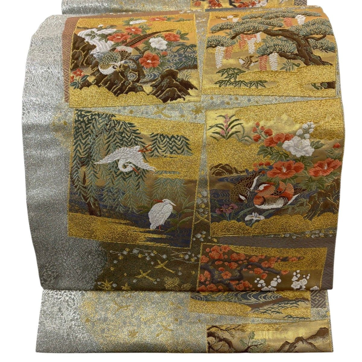 【美品】 袋帯 秀品 色紙 花鳥 金糸 箔 薄緑 六通 正絹 【中古】