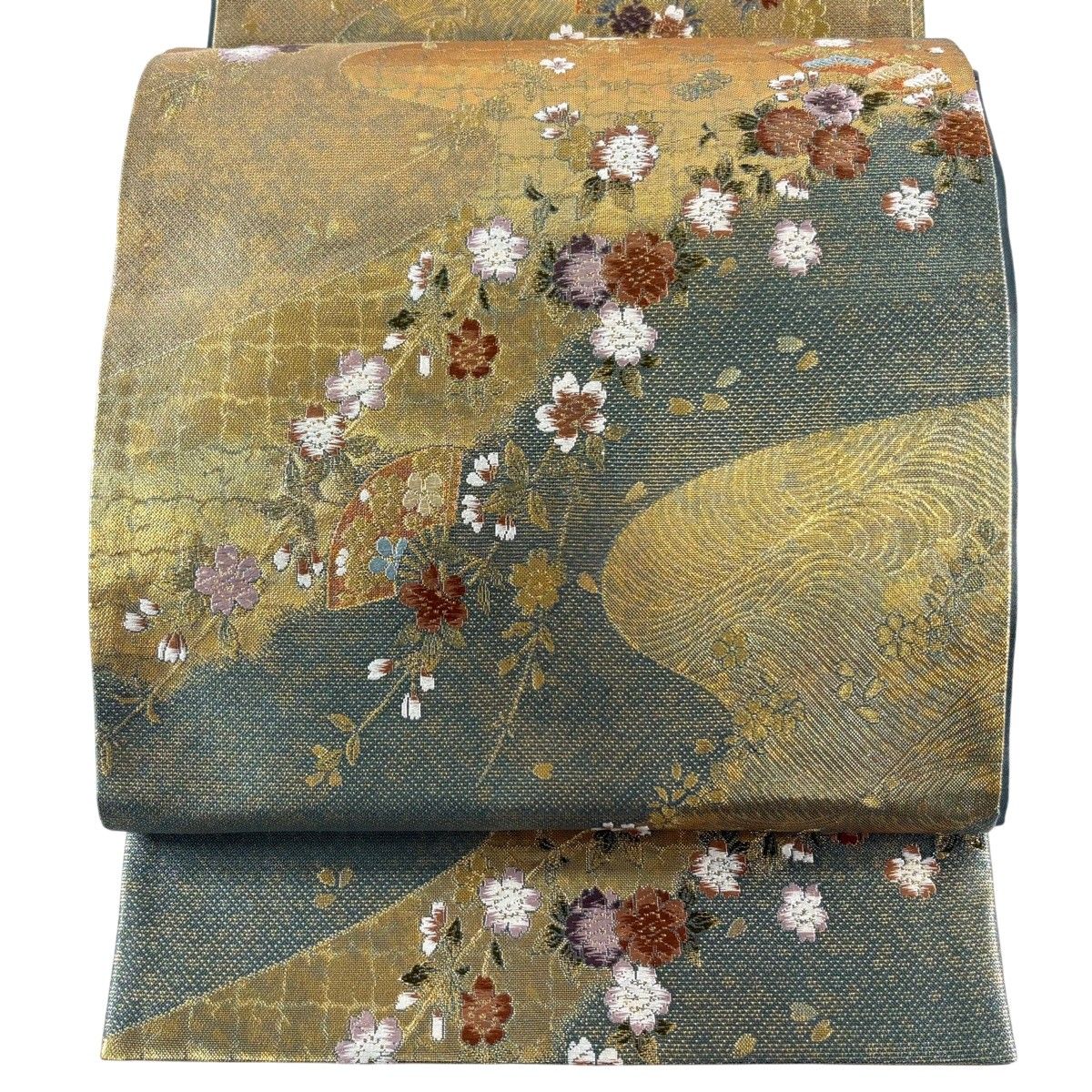 【美品】 袋帯 秀品 桜 霞 箔 唐織 緑 六通 正絹 【中古】