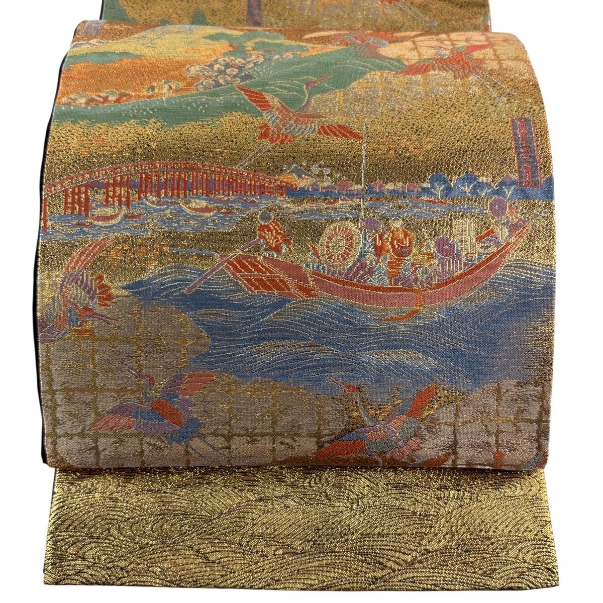 【美品】 袋帯 秀品 舟 鳥 箔 金銀糸 金色 六通 正絹 【中古】