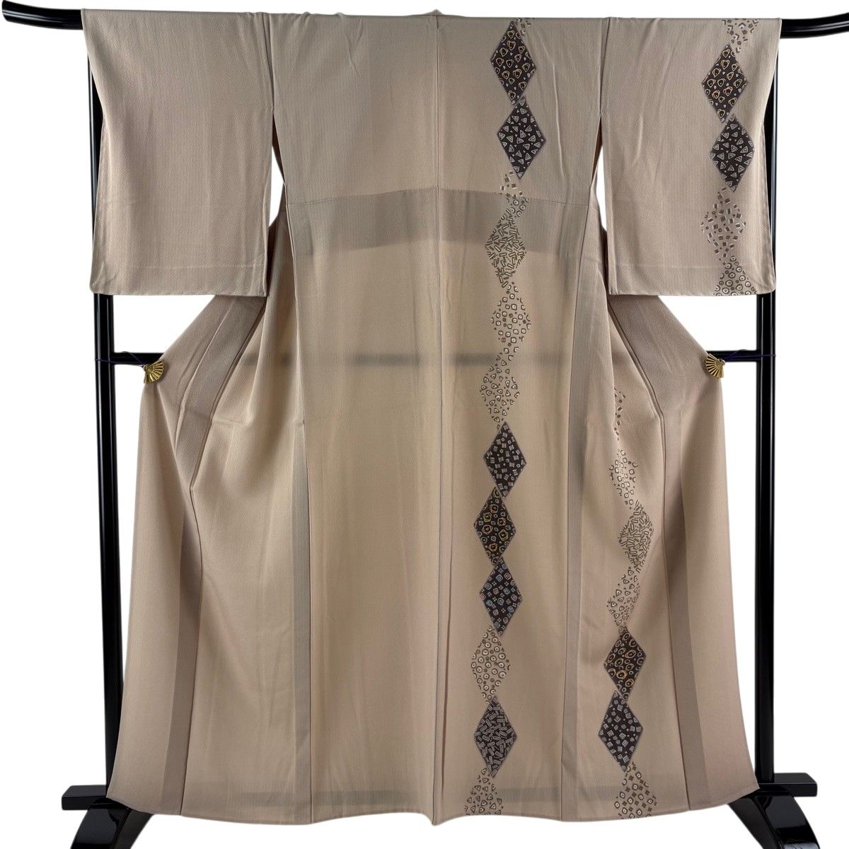 【美品】 付下げ 身丈160.5cm 裄丈67.5cm L 単衣 縦縞 菱 薄茶色 正絹 秀品 【中古】