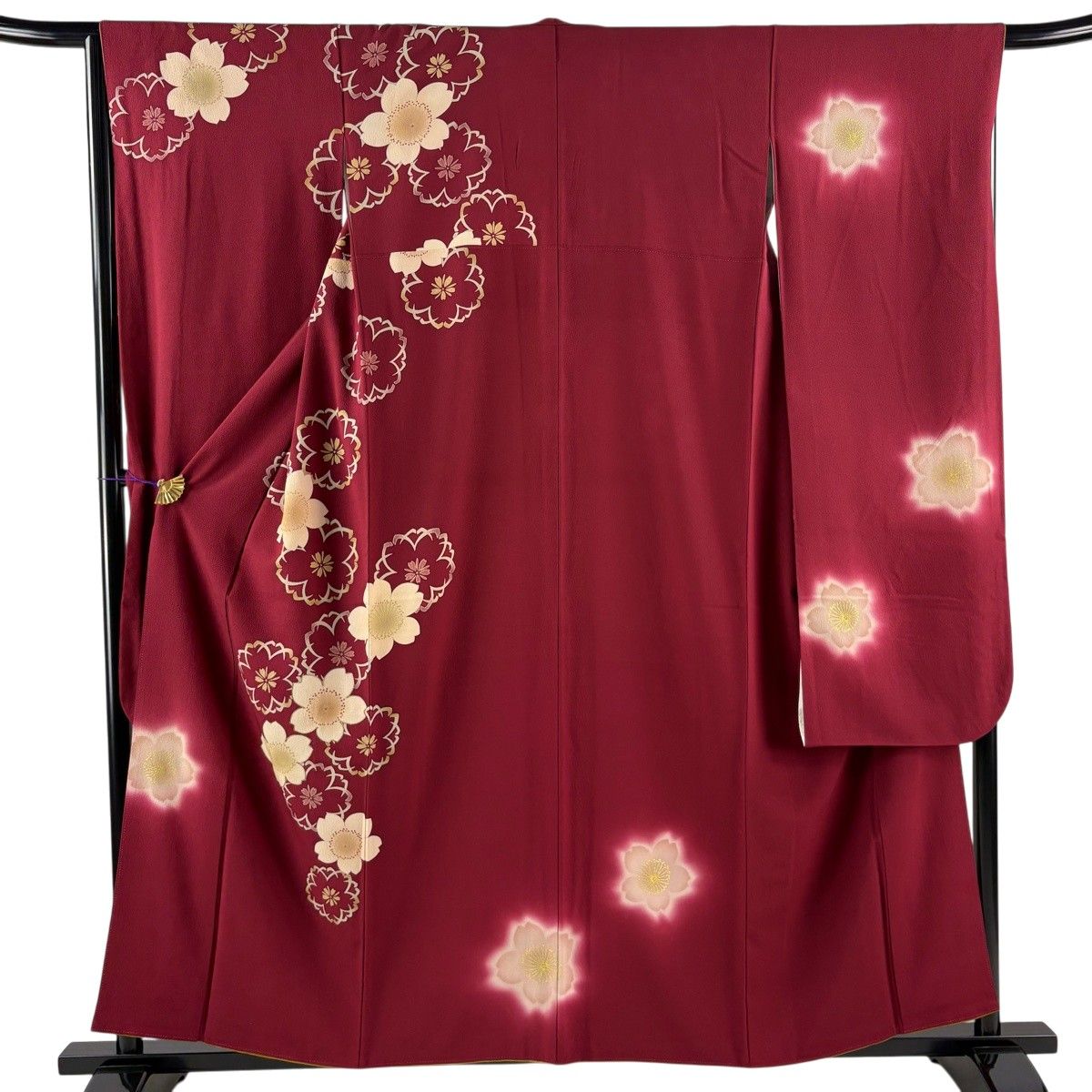 振袖 身丈158cm 裄丈66cm M 袷 桜 金糸 金彩 えんじ色 正絹 秀品