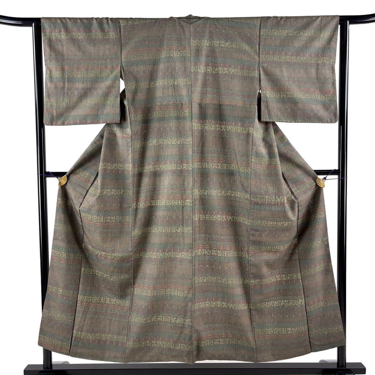 【美品】 小紋 身丈153cm 裄丈62.5cm S 袷 紬地 幾何学模様 茶緑色 正絹 秀品 【中古】