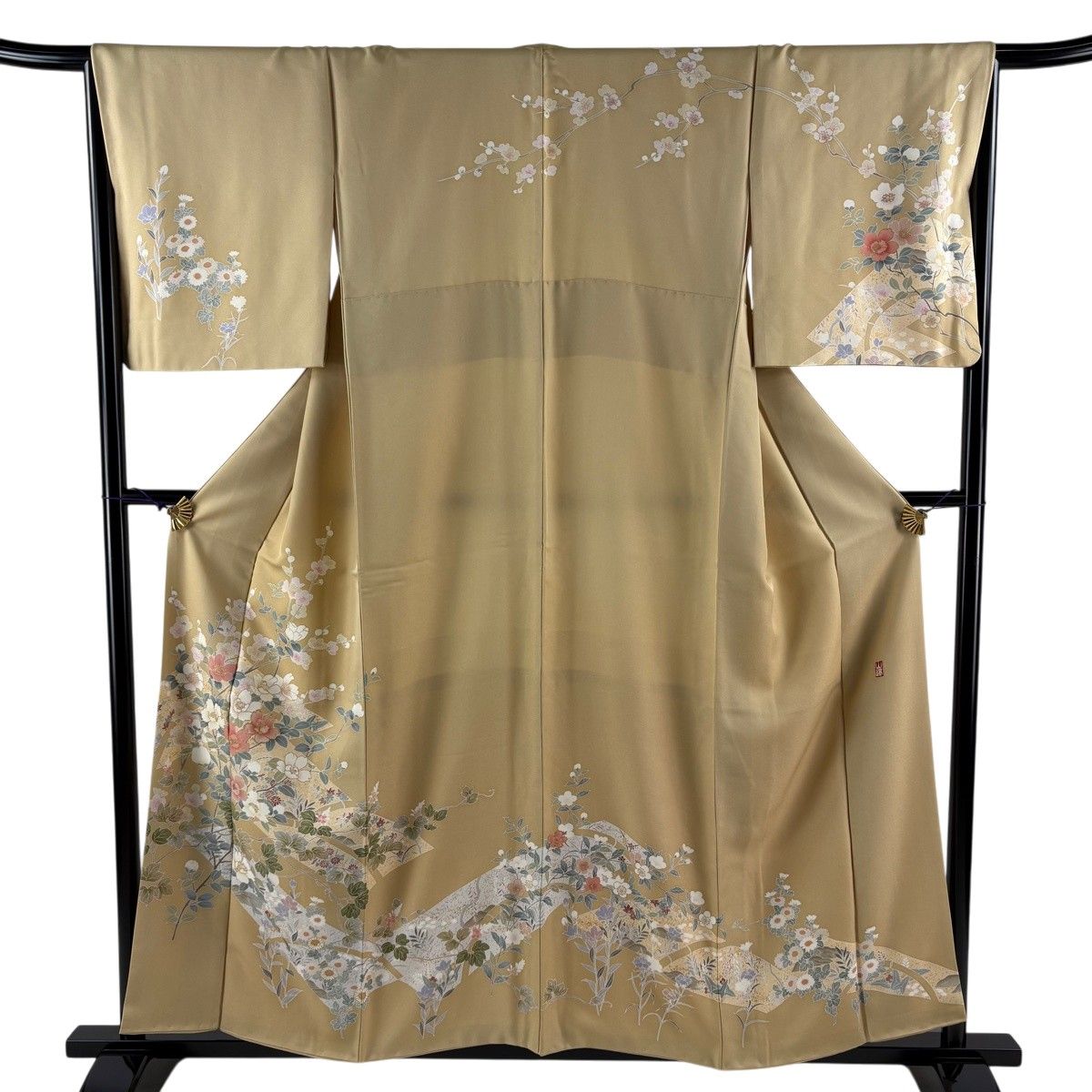 訪問着 身丈156.5cm 裄丈66cm M 袷 落款 枝花 竹 金糸 金彩 薄茶色 正絹 秀品 【中古】