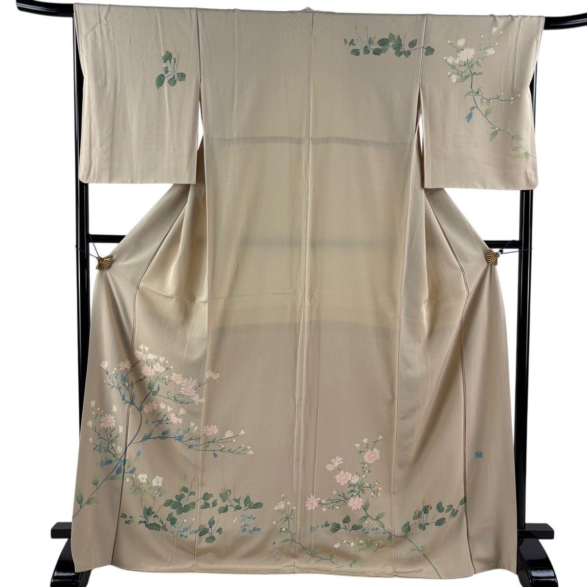 訪問着 身丈170.5cm 裄丈67.5cm L 袷 落款 枝花 草花 ベージュ 正絹 秀品 【中古】