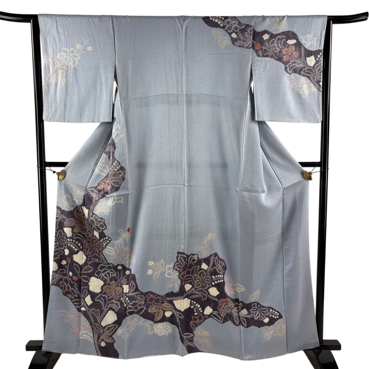 訪問着 身丈162.5cm 裄丈63cm S 袷 草花 道長取り 金彩 絞り 水色 正絹 秀品 【中古】