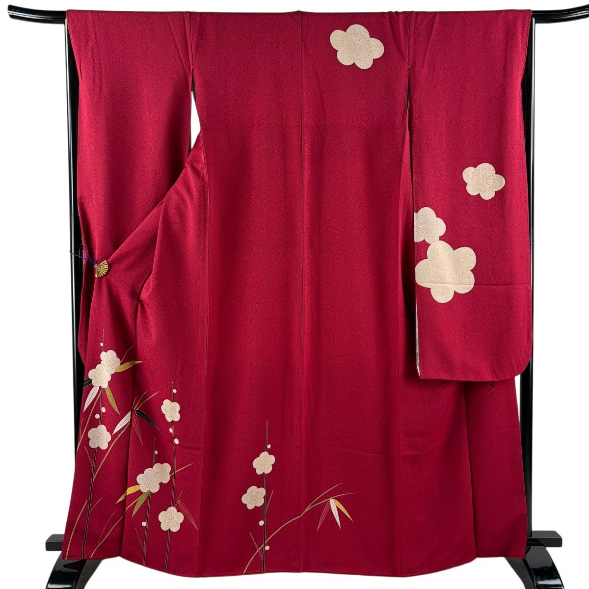 【美品】 振袖 身丈164cm 裄丈65.5cm M 袷 大久保玄才 落款 枝梅 笹 金彩 茜色 正絹 秀品 【中古】
