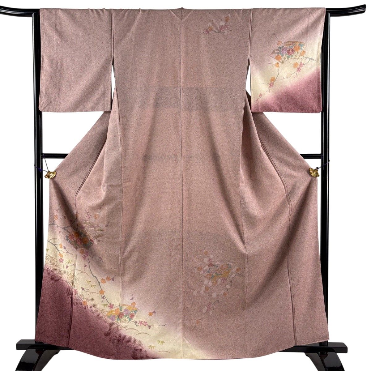 訪問着 身丈161.5cm 裄丈64cm M 袷 扇面 枝花 金糸 刺繍 薄小豆 正絹 秀品 【中古】