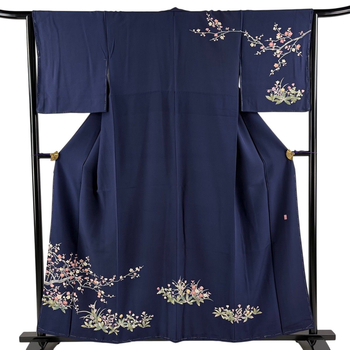 訪問着 身丈157cm 裄丈64cm M 袷 落款 枝梅 草花 紺色 正絹 秀品 【中古】