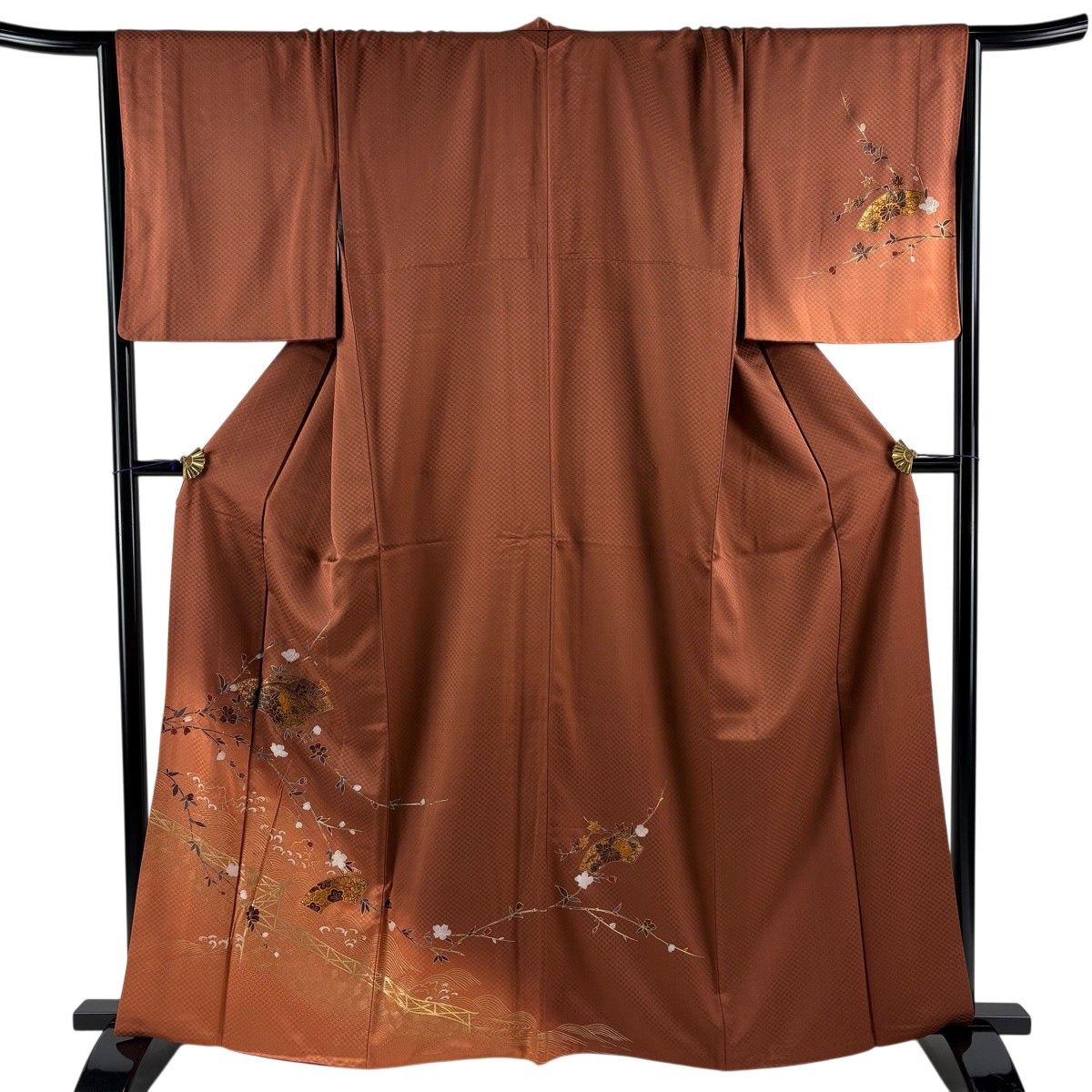 訪問着 身丈162.5cm 裄丈67cm M 袷 扇面 桜 金彩 ぼかし 赤茶 正絹 秀品 【中古】
