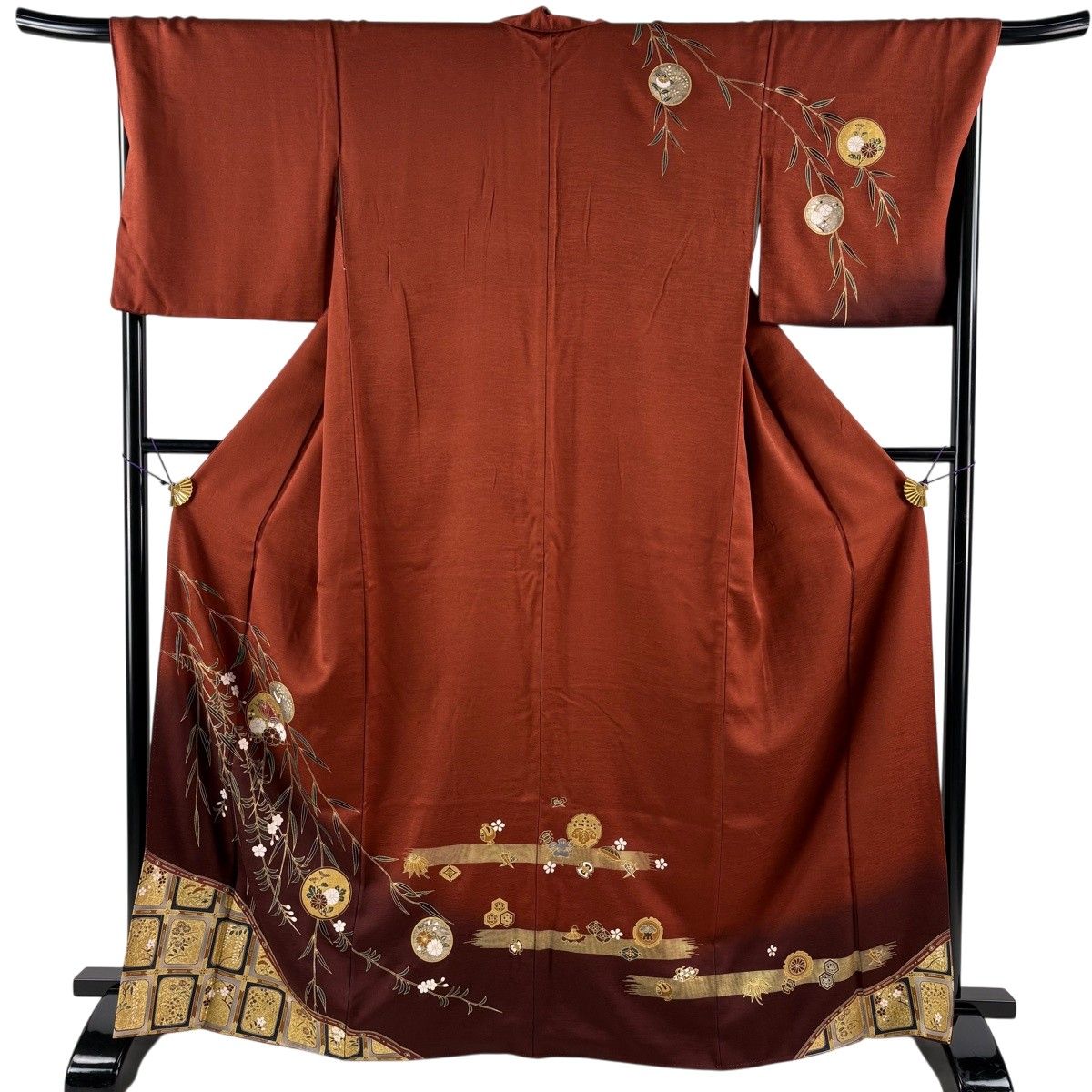 訪問着 身丈166cm 裄丈68cm L 袷 蝶 草花 金銀彩 ぼかし 赤茶 正絹 秀品 【中古】