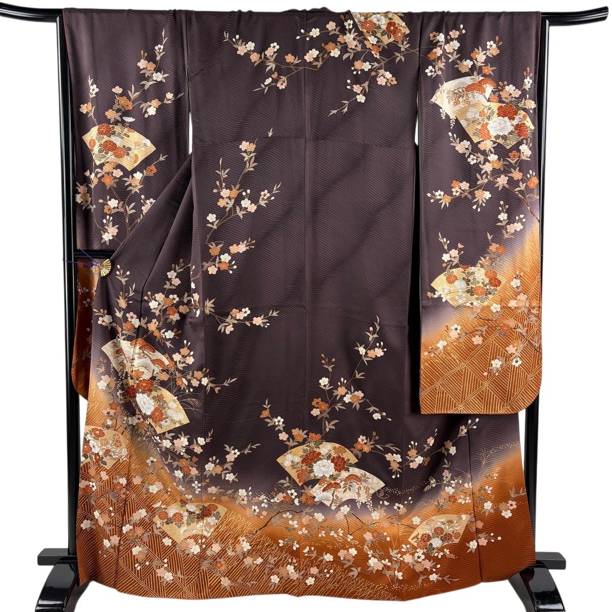 振袖 身丈166.5cm 裄丈67cm M 袷 鈴乃屋 扇面 桜 金彩 ぼかし 濃紫 正絹 秀品 【中古】