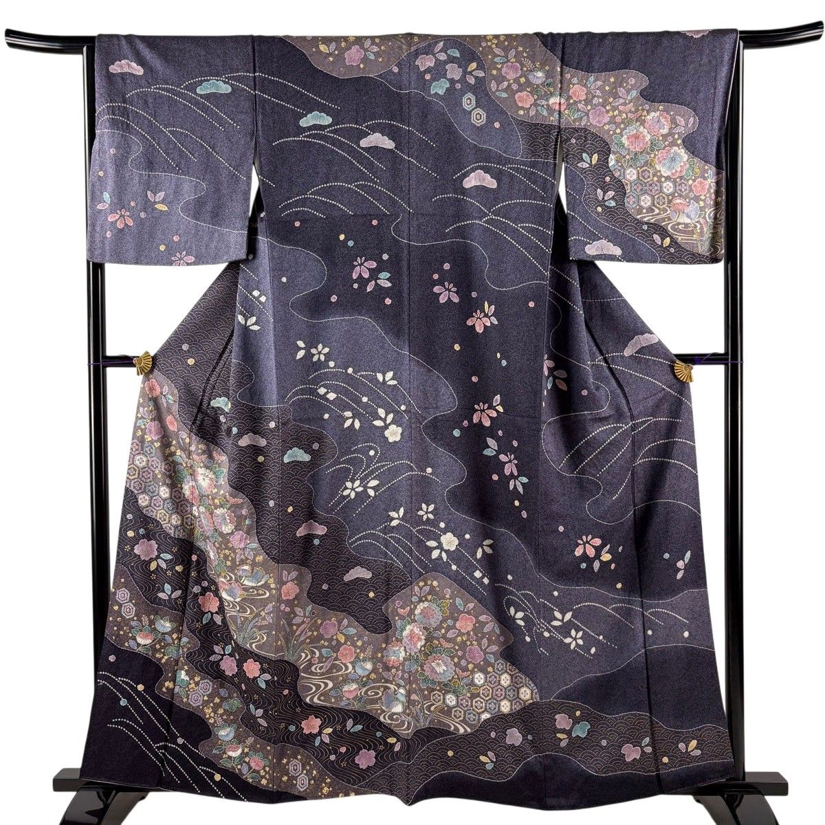 訪問着 身丈160cm 裄丈66.5cm M 袷 鴛鴦 草花 金彩 ぼかし 紫 正絹 秀品 【中古】