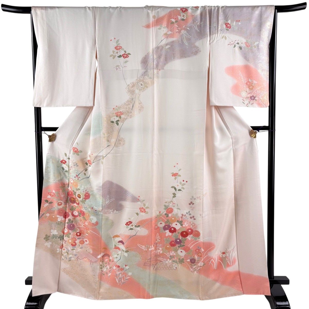 訪問着 身丈166cm 裄丈67cm M 袷 菊 椿 金糸 金銀彩 薄ピンク 正絹 秀品 一つ紋 【中古】