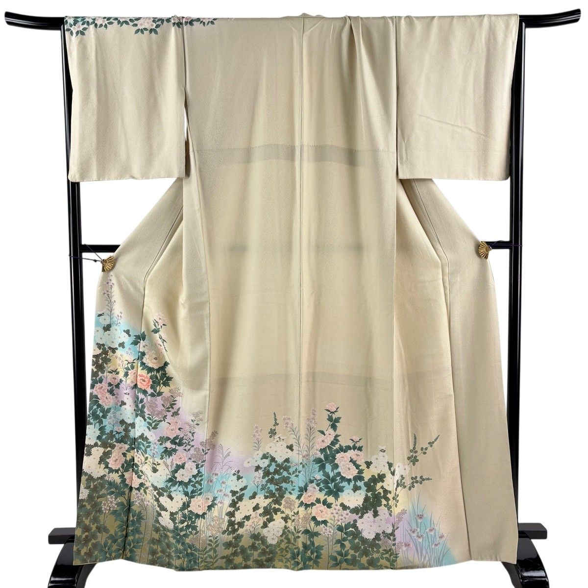 訪問着 身丈167cm 裄丈70cm L 袷 牡丹 草花 金糸 刺繍 ベージュ 正絹 秀品 【中古】