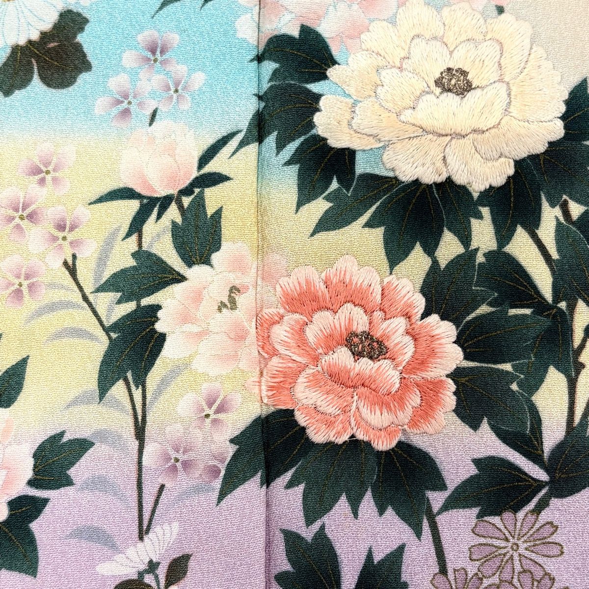 訪問着 身丈167cm 裄丈70cm L 袷 牡丹 草花 金糸 刺繍 ベージュ 正絹