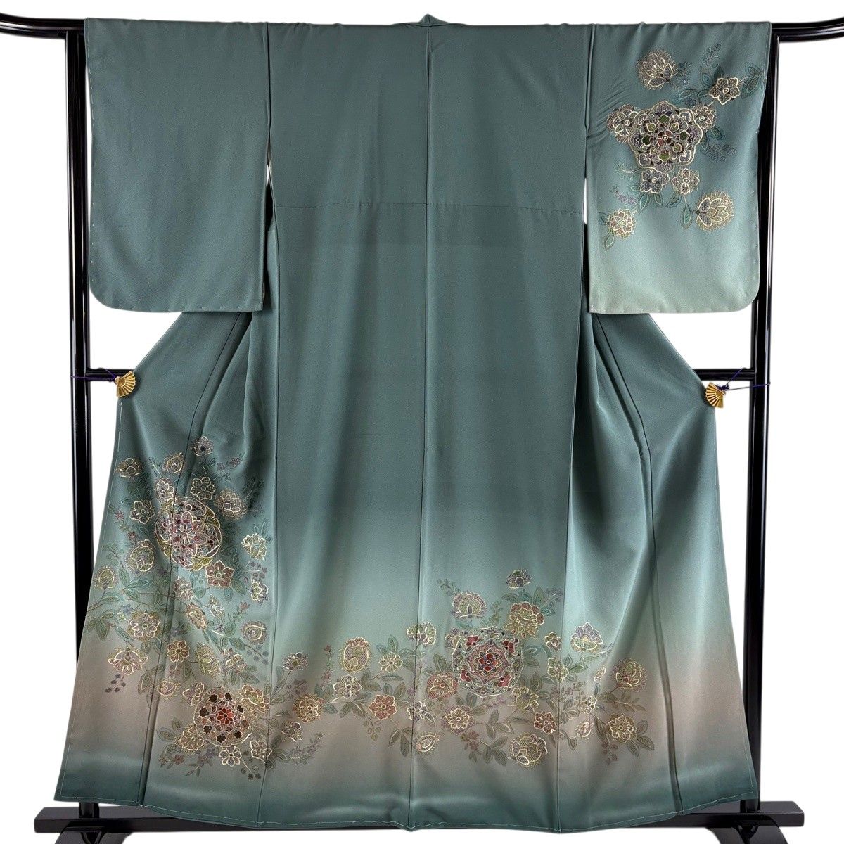 訪問着 身丈157cm 裄丈64cm M 袷 華文 枝花 金糸 刺繍 灰緑 正絹 秀品 【中古】