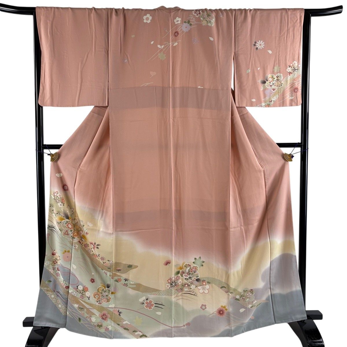 訪問着 身丈163.5cm 裄丈66cm M 袷 桜 波 金糸 金銀彩 ピンク 正絹 秀品 【中古】